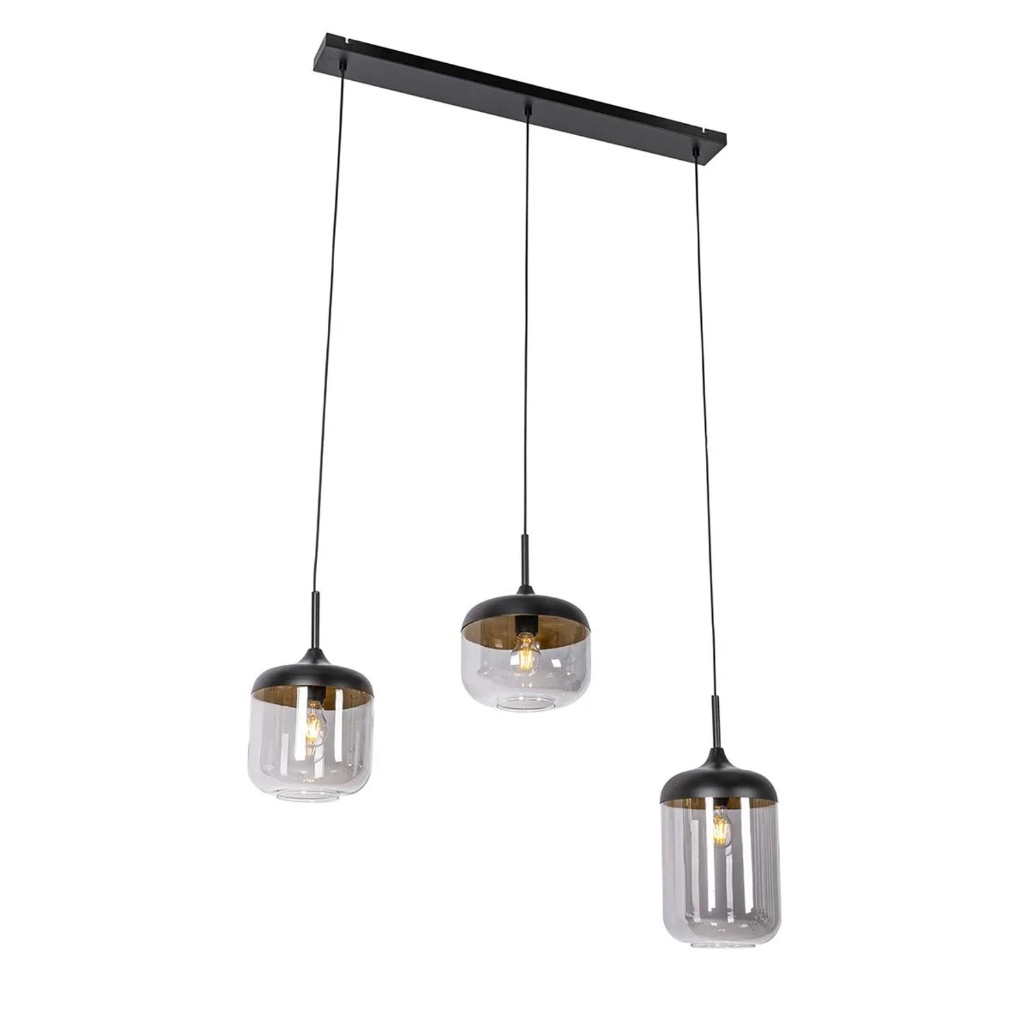 QAZQA Design Hängelampe Schwarz mit Gold und Rauchglas 3 Flammig Kyan