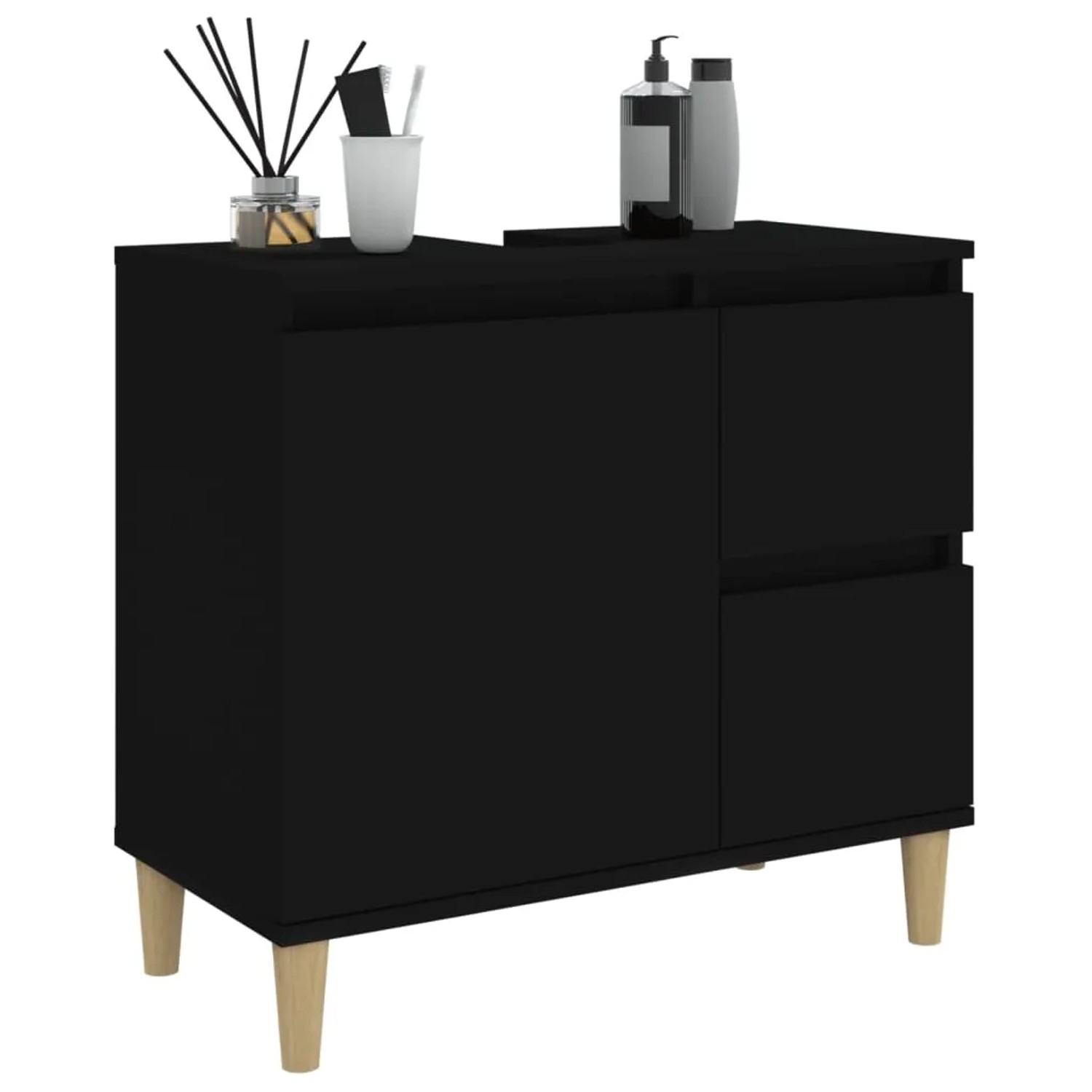 Schwarzer vidaXL Badschrank (65x33x60 cm) mit Schubladen und Holzbeinen.