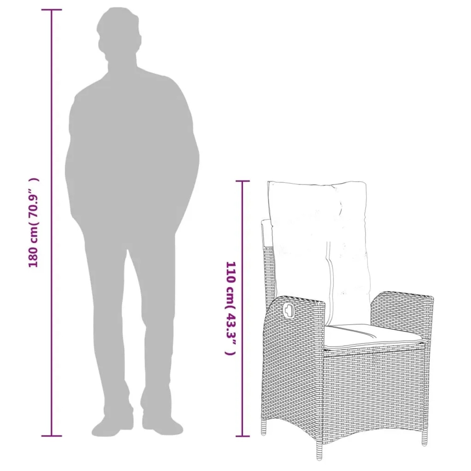 vidaXL Garten-Essgruppe, 9-teilig, beige Poly Rattan, mit Maßen des Stuhls und einer Person.