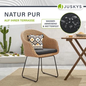 Juskys Gartenstuhl Cody 6er Set: Rattan-Look Stuhl mit Kissen und schwarzen Eisenbeinen.