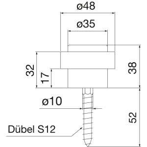 Technisches Diagramm des vasalat Bodentürstoppers aus Edelstahl, Ø 48 mm, H 38 mm, mit Schraube und Dübel S12.