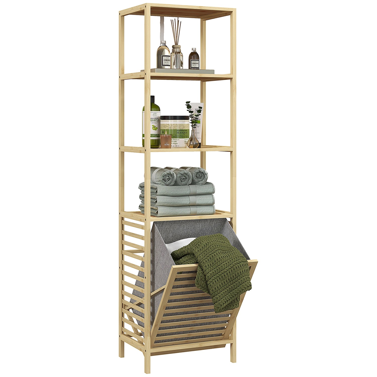HOMCOM Badregal mit Wäschekorb 3 Ebenen Kippschutz Bambus 44 x 33 x 160 cm