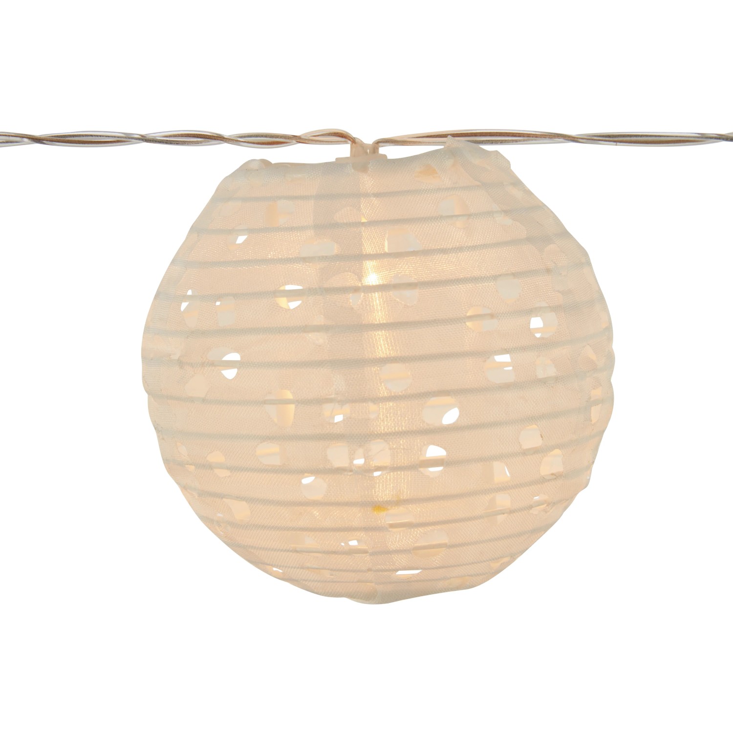 Weiße Solar-Lichterkette Fiuggi mit Lampion-Kugeln und warmweißen LEDs.