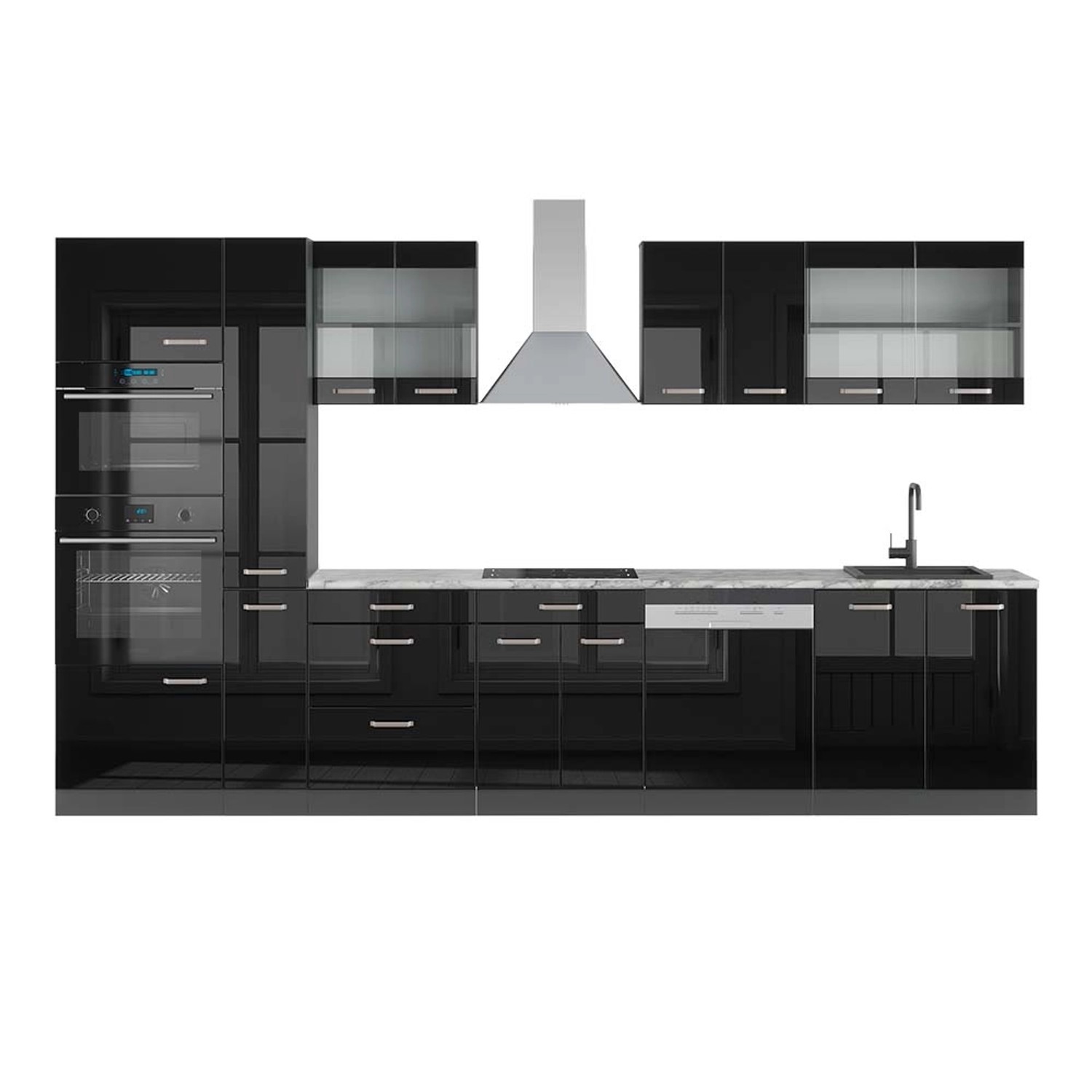 Vicco R-Line Küchenzeile Schwarz Hochglanz 350 cm mit HochschrankAP Marmor günstig online kaufen