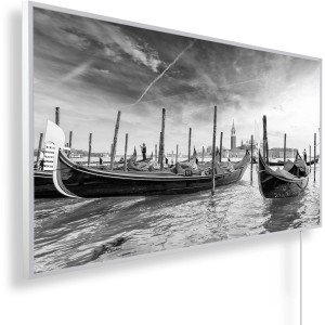 Könighaus Infrarotheizung mit Venedig-Motiv, 50x60 cm, 300W. Elektrische Heizung mit Gondeln in Schwarzweiß.