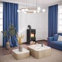 Schwarzer Haas+Sohn Kaminofen (6 kW) mit Automatik im Wohnraum mit blauen Vorhängen.