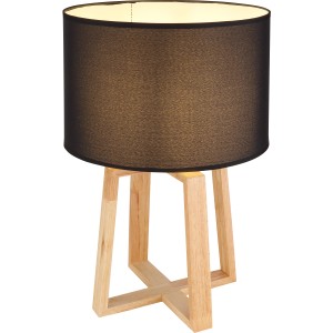 Globo Tischlampe Moritz, braunes Holzgestell, schwarzer Textilschirm, 300x450mm.
