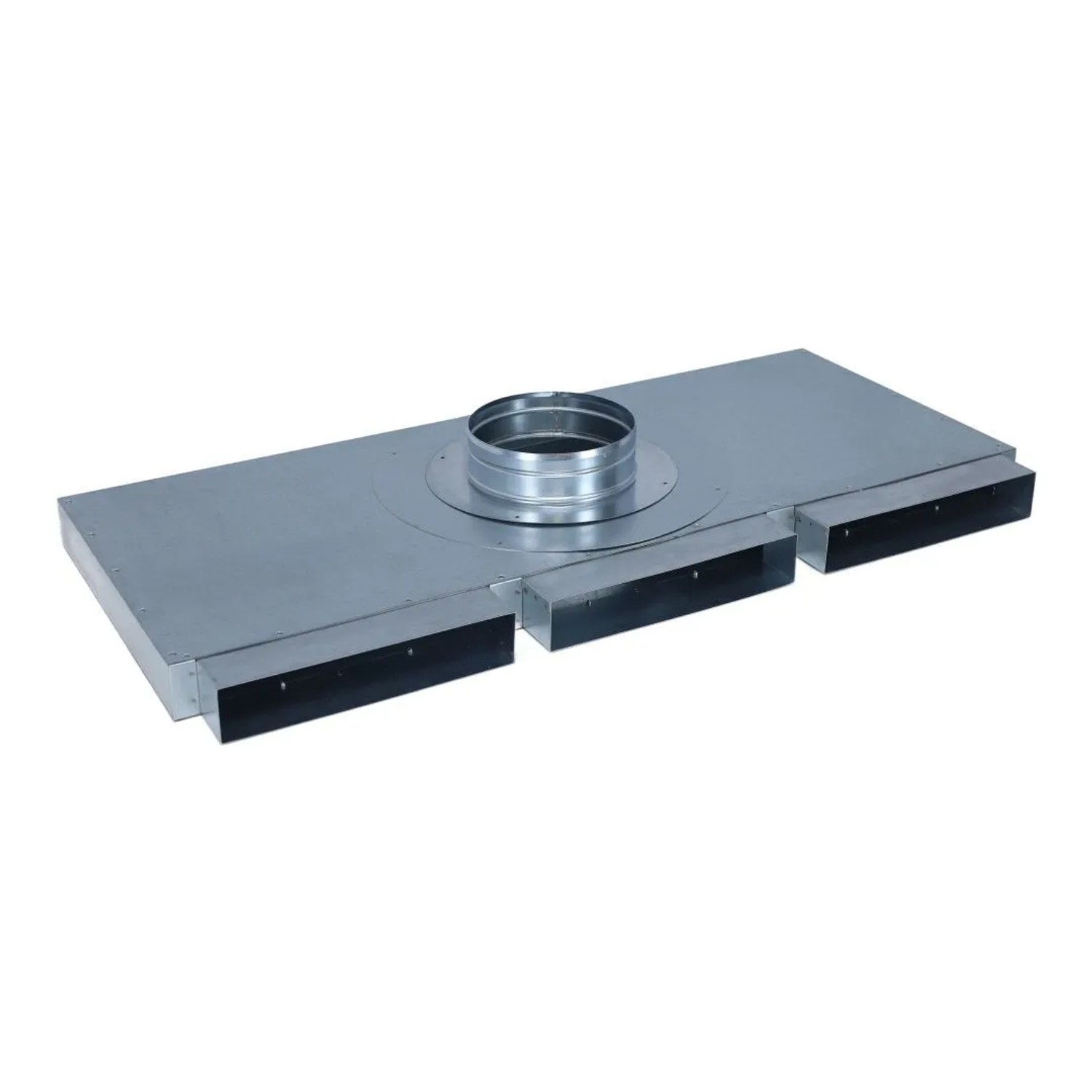 Subtiel Flachkanal Verteiler 250 x 50 mm Drei Eingänge Ein Ausgang Ø 160 mm