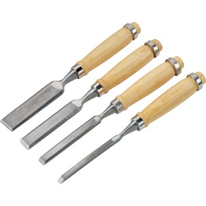 4-teiliges Stechbeitel Set mit Holzgriffen und Klingen aus Chrom-Vanadium-Stahl.