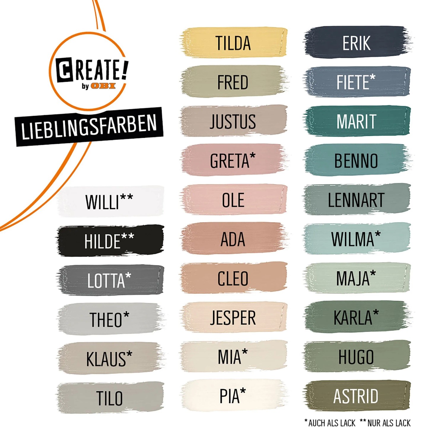Farbmusterkarte CREATE! by OBI Lieblingsfarben mit verschiedenen Farbtönen, darunter Agavengrün (Lennart).