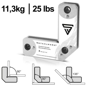 STAHLWERK Magnet-Schweißwinkel, silber, 11,3kg Haftkraft. Zeigt Anwendung für 90° und 135° Winkel bei Schweißarbeiten.