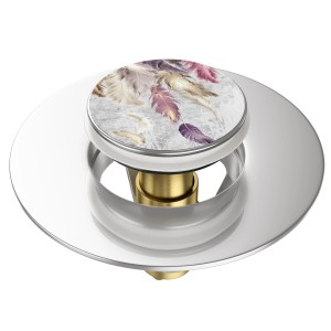 Sanilo Pop Up Waschbeckenstöpsel mit Federn-Motiv, verchromt und messingfarben.