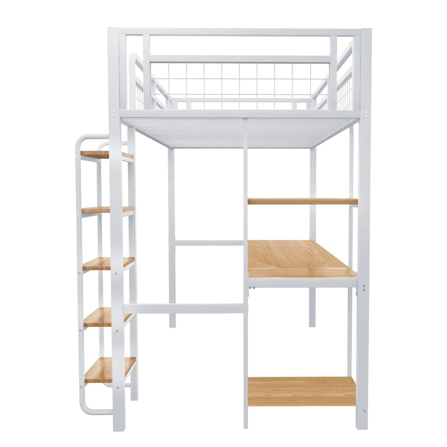 KOMHTOM Hochbett 90x200 Cm  Einzelbett  Kinderbett Mit Tisch Und Regalen  Sicherheitsgitter Aus Metall  Weiß