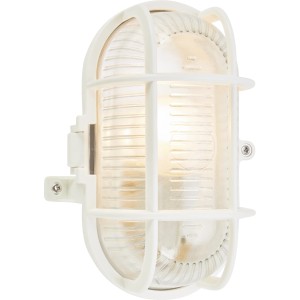 Ovale, weiße Kellerleuchte mit Schutzkorb, 17x12x10,5 cm, E27 max. 60W. Robuste Lampe für Keller und Außenbereich.