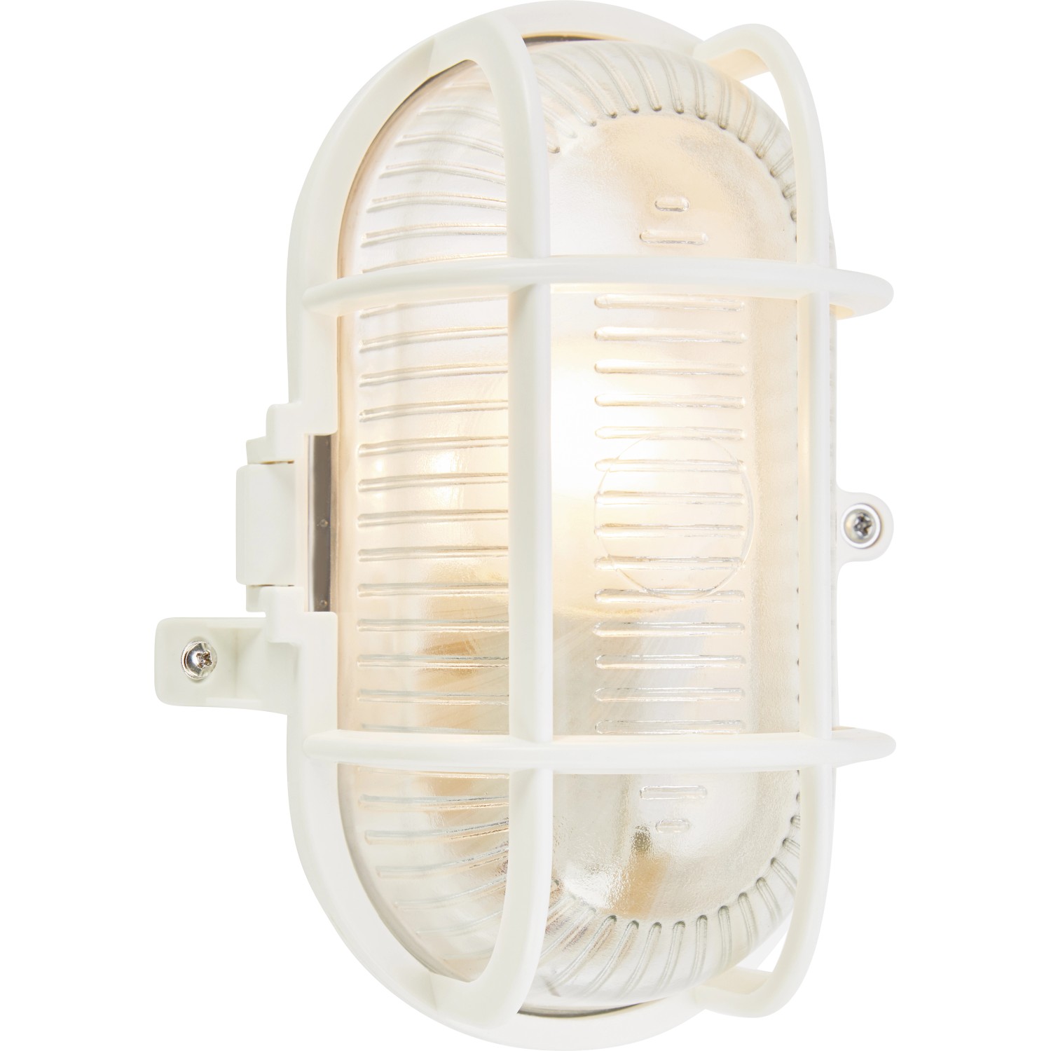 Ovale, weiße Kellerleuchte mit Schutzkorb, 17x12x10,5 cm, E27 max. 60W. Robuste Lampe für Keller und Außenbereich.