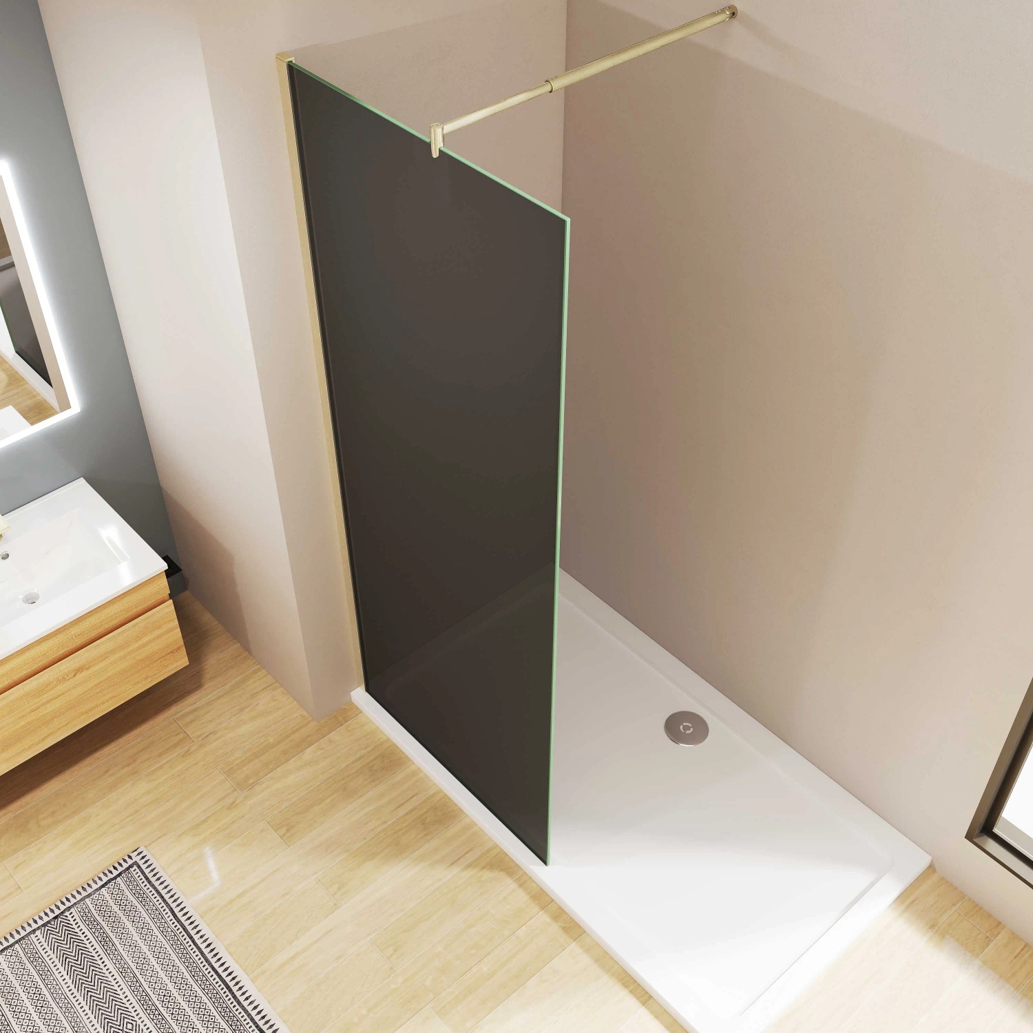AICA Walk In Dusche mit Goldrahmen, Rauchglas und Stabilisator. Duschwand 110x200cm.