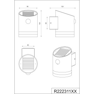 Technische Zeichnung der Trio LED Solar-Wandleuchte Salta in Nickel matt mit Maßen.