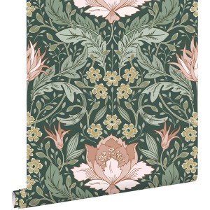ESTAhome Tapete Blumenmuster im Jugendstil Dunkelgrün und Hellrosa 50 x 900 cm