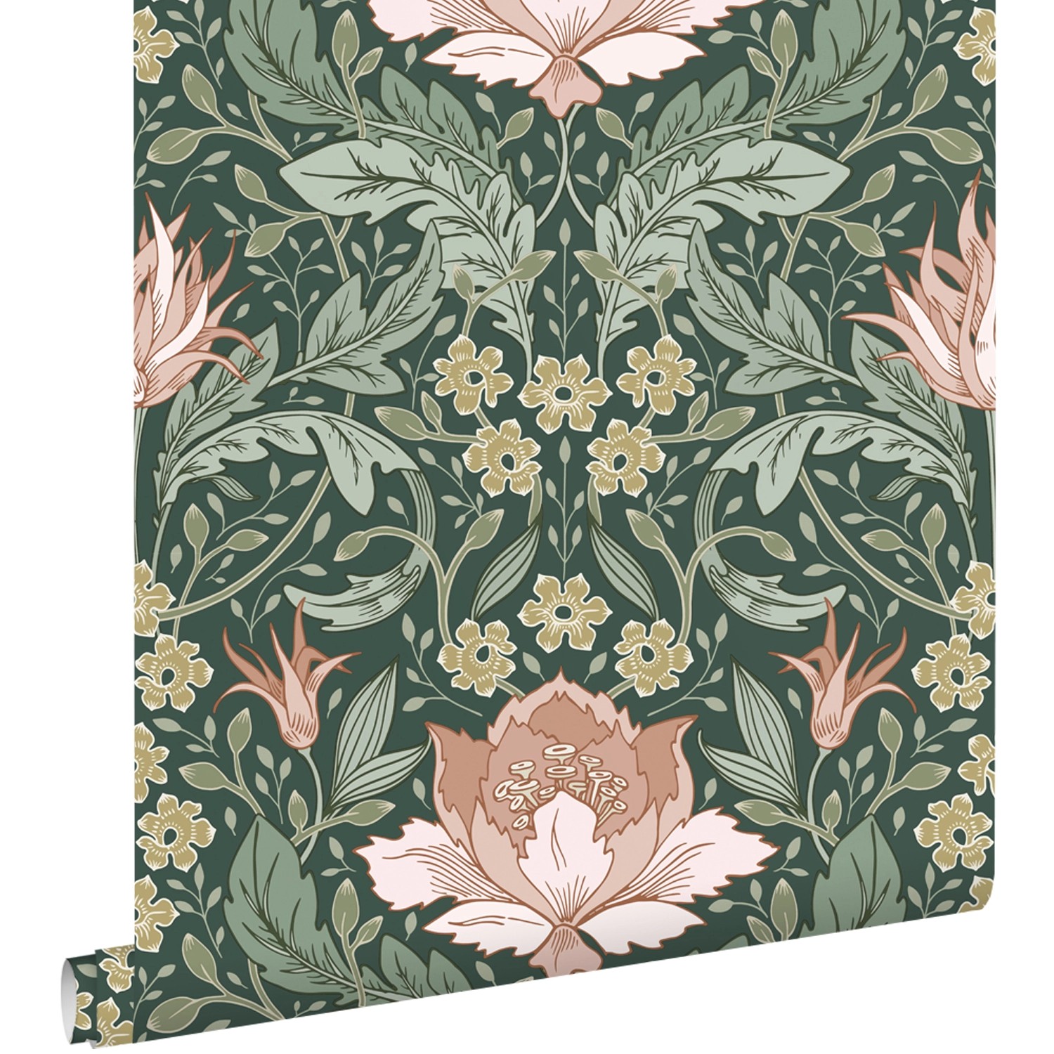ESTAhome Tapete Blumenmuster im Jugendstil Dunkelgrün und Hellrosa 50 x 900 günstig online kaufen