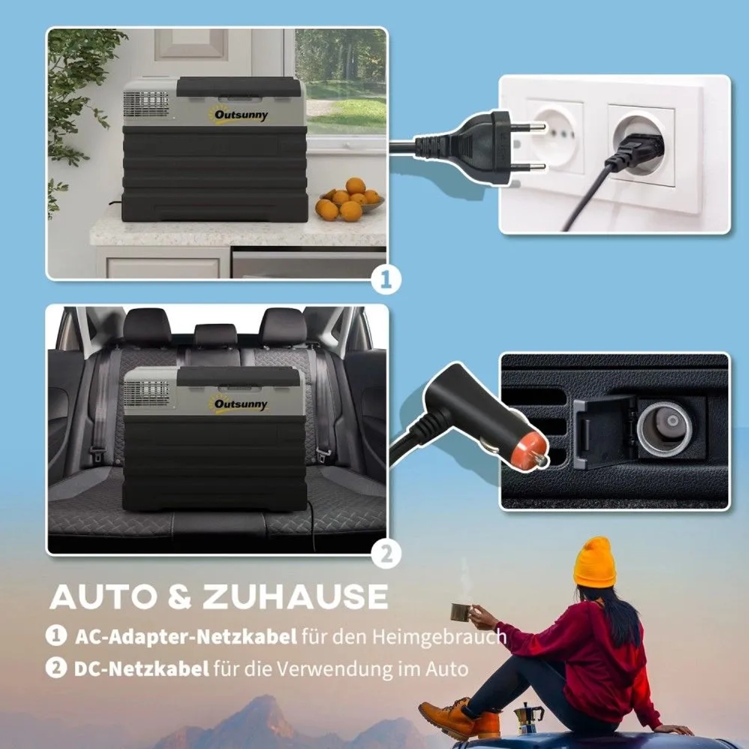 Tragbare Outsunny Kompressor Kühlbox, schwarz-grau, für Auto und Zuhause mit AC/DC-Anschluss.