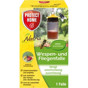 Protect Home Natria Wespenfalle: Falle mit Wespe und Fliege auf gelber Verpackung.