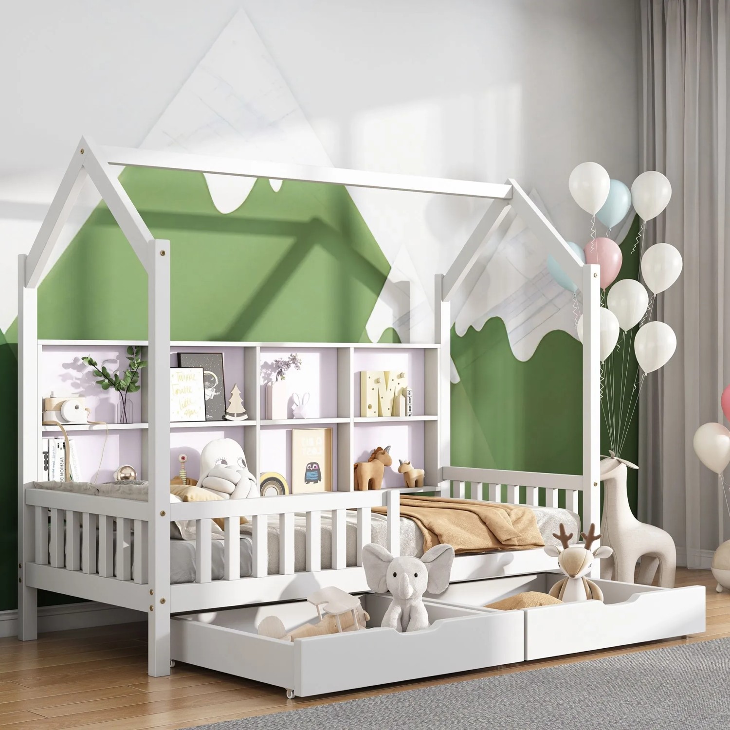 Merax Hausbett 90 x 200 cm mit Bücherregal Schubladen Kamin Design Weiß