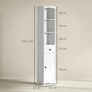 Weißer HOMCOM Badezimmerschrank (34x24x170,5cm) mit Regal, Schublade und Schranktür.