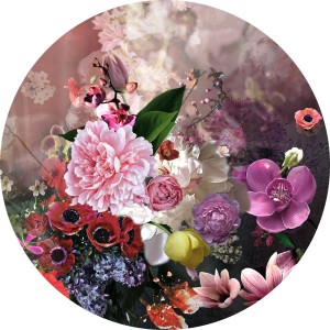 Rundes Glasbild mit farbenprächtigem Blumen-Barock-Motiv, 20x20 cm, für moderne Wanddeko.