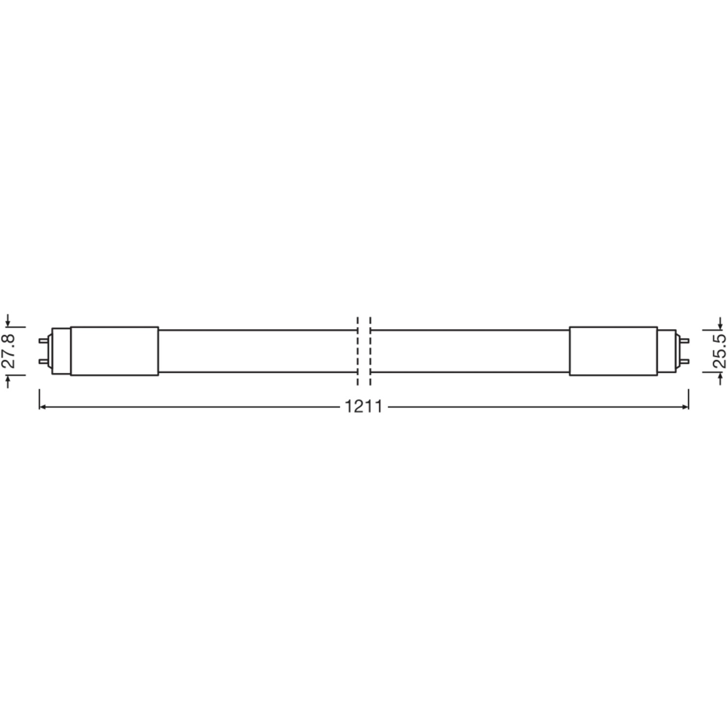 Abbildung der Osram LED-Leuchtstofflampe G13, 18W, 121,1cm, Warmweiß mit Maßangaben.
