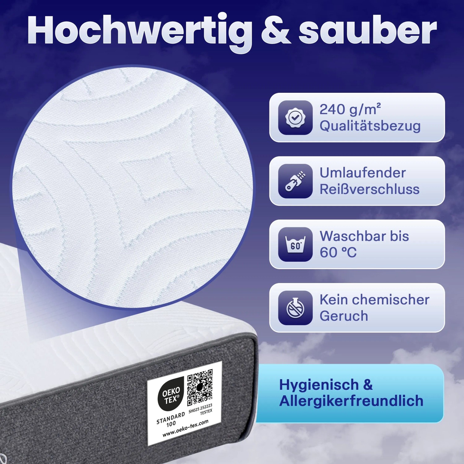 Detailansicht Arensberger GEL-Matratze ANNA 180x200: Bezug mit Reißverschluss, waschbar, Öko-Tex Standard.
