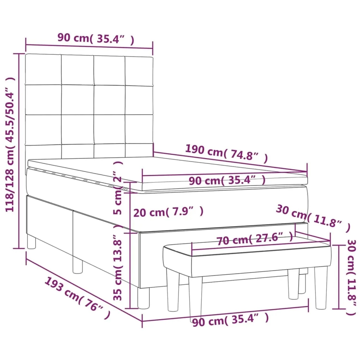 Schwarzes Boxspringbett 90x190 cm mit Matratze und Bank, Stoffbezug.