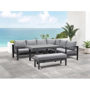 Graues MeXo Aluminium Lounge-Set mit Esstisch und Bank für 8 Personen. Gartenmöbel für Terrasse und Garten.