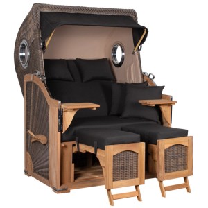 GarWoh Strandkorb Rantum Teak Grey: Teakholz, PE-Geflecht, Bullauge, schwarze Polster. Entspannung im Garten.