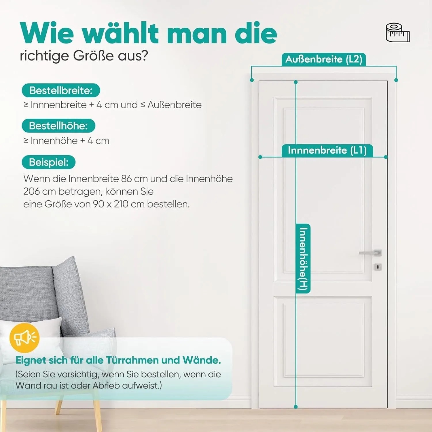 Anleitung zur Größenbestimmung für Sekey Insektenschutz-Tür. Misst Innen-/Außenbreite, Innenhöhe an weißer Tür für Fliegengitter.