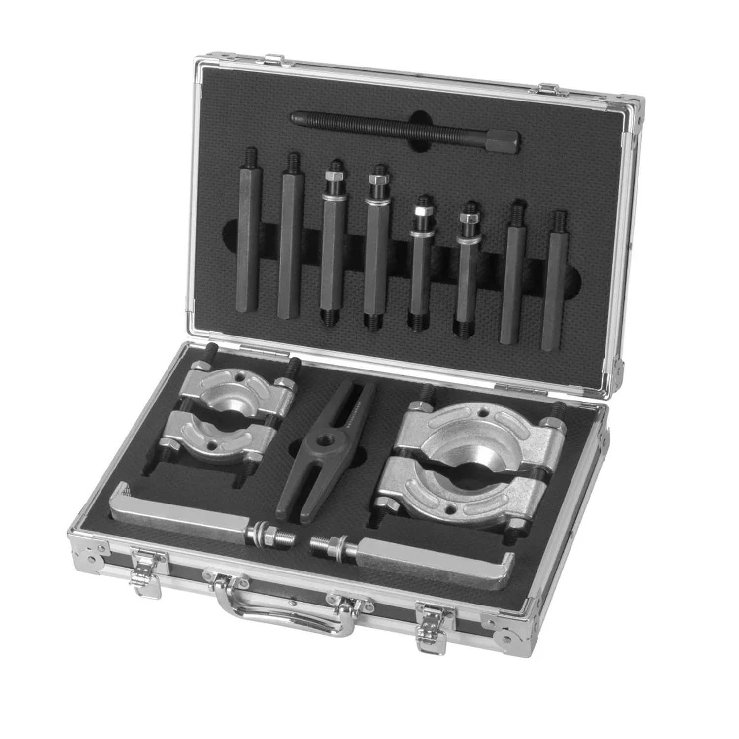 STAHLWERK Lagerabzieher-Set, 14-teilig, im geöffneten silbernen Koffer mit schwarzem Schaumstoff. Spezial-Werkzeug für Lager.