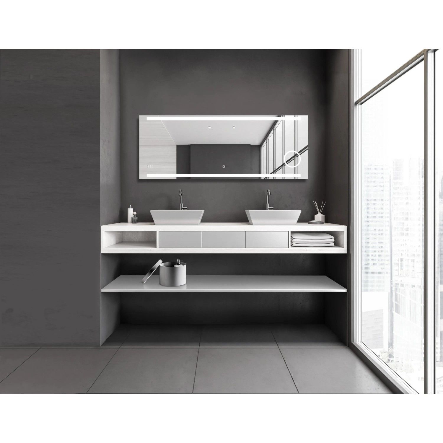 DSK Design LED-Lichtspiegel Silver Conde, 160x60 cm, im modernen Badezimmer mit Doppelwaschbecken.