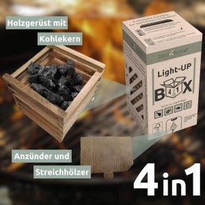 holz4home 4in1 Grillkohle Premium Light UP Box mit Grillanzünder und Streichhölzern.