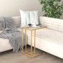 VidaXL Computer-Beistelltisch, transparentes Hartglas, goldenes Gestell, neben Sofa.