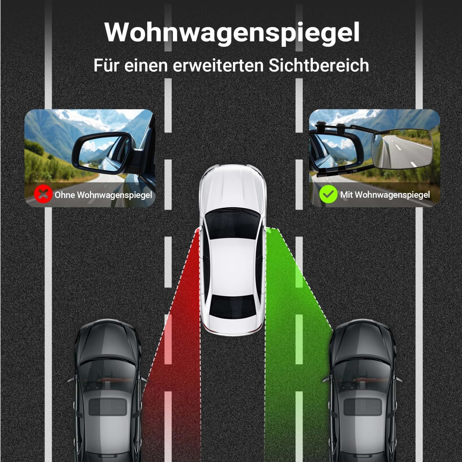 Vergleich: Sichtbereich mit/ohne Wohnwagenspiegel. Erweitertes Sichtfeld für mehr Sicherheit beim Fahren mit Caravan.