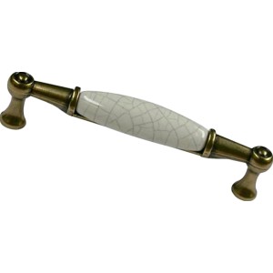 Metall Möbelgriff 1699 in Altmessing-Optik mit weißem Keramik-Griffstück.