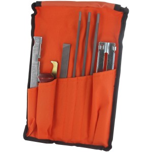 Skana Schärf-Set für Sägeketten, Universal: Feilen, Tiefenbegrenzerlehre und Schwertnutreiniger im orangefarbenen Etui.