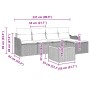 Graues 6-teiliges Garten-Sofa-Set aus Poly Rattan mit Tisch, modularem Design und Maßen.