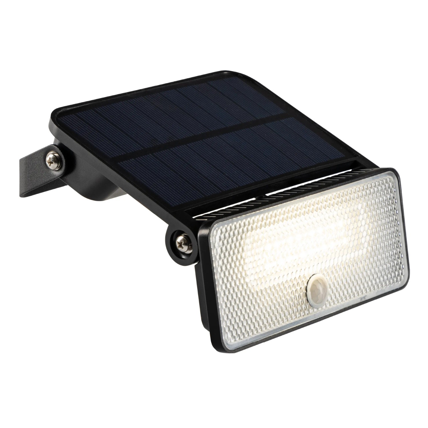 Schwarze LED Solar-Außenleuchte mit Sensor, 1000 Lumen, für die Wandmontage im Außenbereich.
