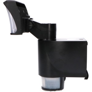 Schwarzer LED-Außenstrahler Hanoi mit Bewegungsmelder und schwenkbarem Leuchtenkopf.