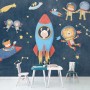 Komar Vliesfototapete "Friends in Space" mit Tieren, Raketen und Sternen auf blauem Hintergrund.