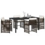 Braune vidaXL Garten Essgruppe, 5-teilig, Poly Rattan, mit Tisch und Stühlen mit weißen Auflagen.