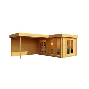 Carlsson Gartenhaus Quinta mit Flachdach, imprägniert, 680x467 cm. Holzhaus mit überdachter Fläche und Fenstertüren.
