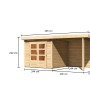 Karibu Holz-Gartenhaus Kumla 3 mit Pultdach, unbehandelt, mit Maßangaben.