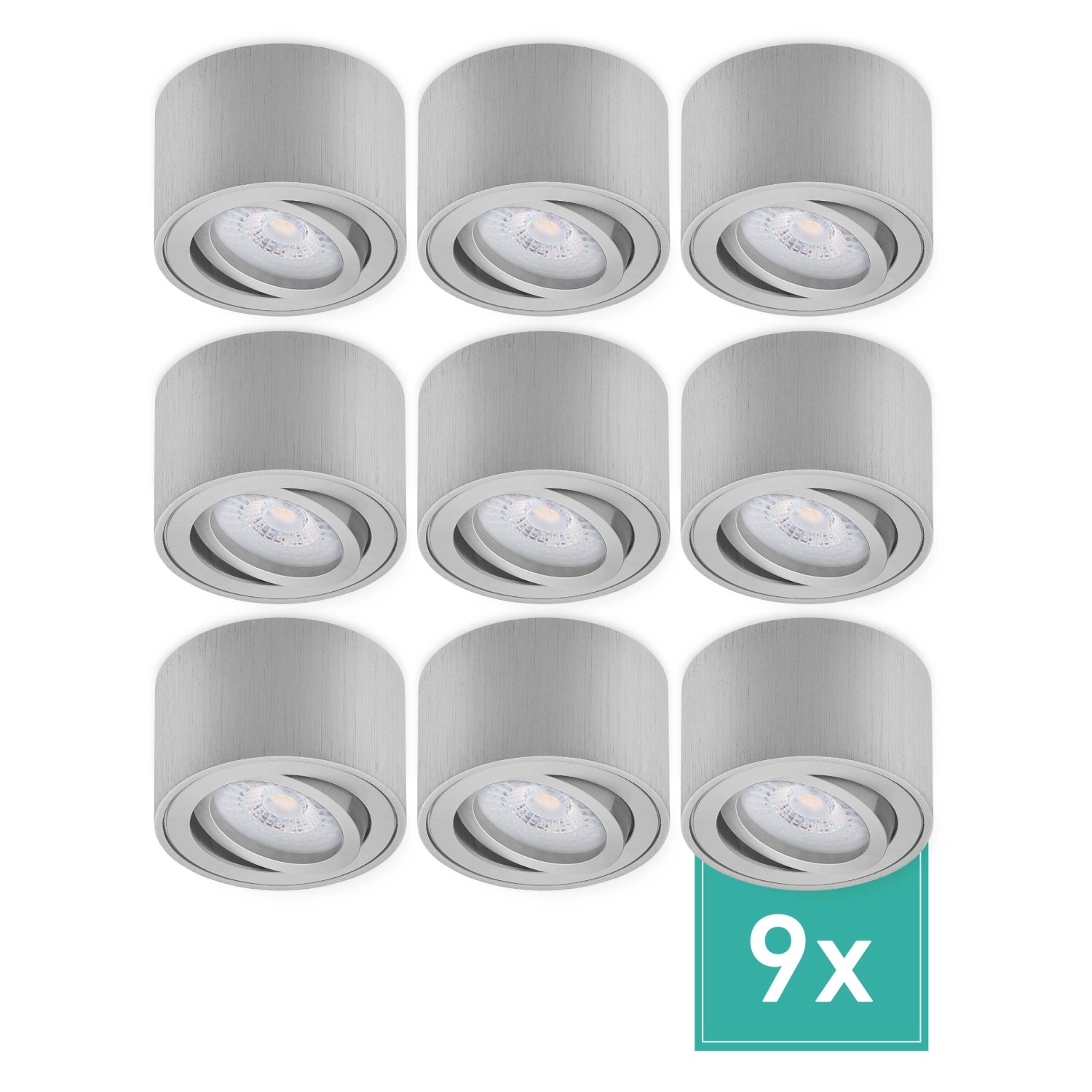 Oktaplex 9er Set Aufbauspot Lile S Schwenkbar inkl. LED-Module Neutralweiß 4000K 230V Aluminium Gebürstet