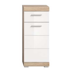 Schmaler Bad-Standschrank in Sonoma-Weiß (37x88x31cm) mit vier Schubladen für Badutensilien.